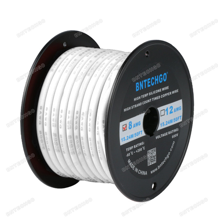 BNTECHGO 8 Gauge Silicone Wire Spool, White, 50 feet, Ultra Flexible, High Temp 200°C, 600V, 8 AWG Silicone Rubber Wire with 1650 Strands of Tinned Copper Wire, Stranded Wire for Model Battery