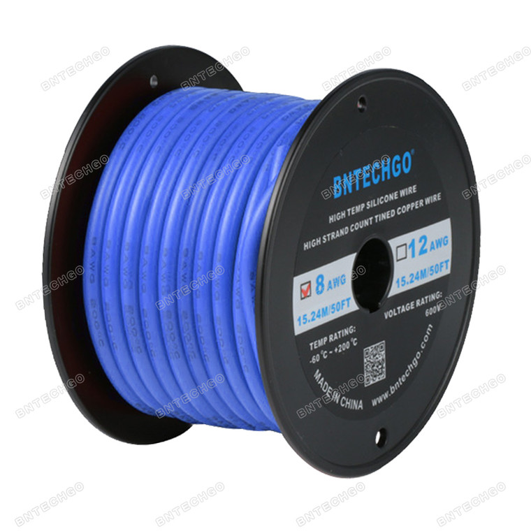 BNTECHGO 8 Gauge Silicone Wire Spool, Blue, 50 feet, Ultra Flexible, High Temp 200°C, 600V, 8 AWG Silicone Rubber Wire with 1650 Strands of Tinned Copper Wire, Stranded Wire for Model Battery