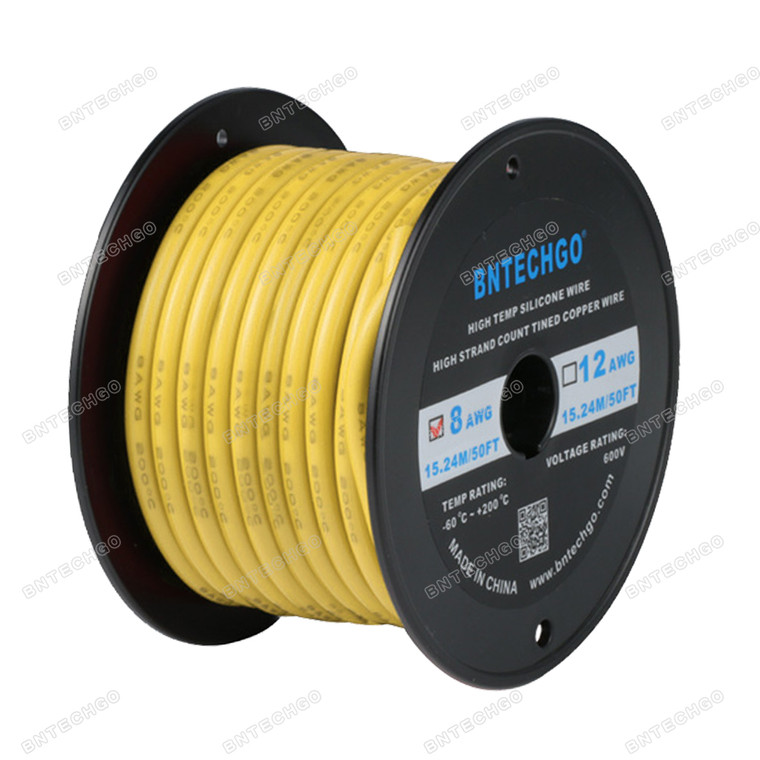 BNTECHGO 8 Gauge Silicone Wire Spool, Yellow, 50 feet, Ultra Flexible, High Temp 200°C, 600V, 8 AWG Silicone Rubber Wire with 1650 Strands of Tinned Copper Wire, Stranded Wire for Model Battery