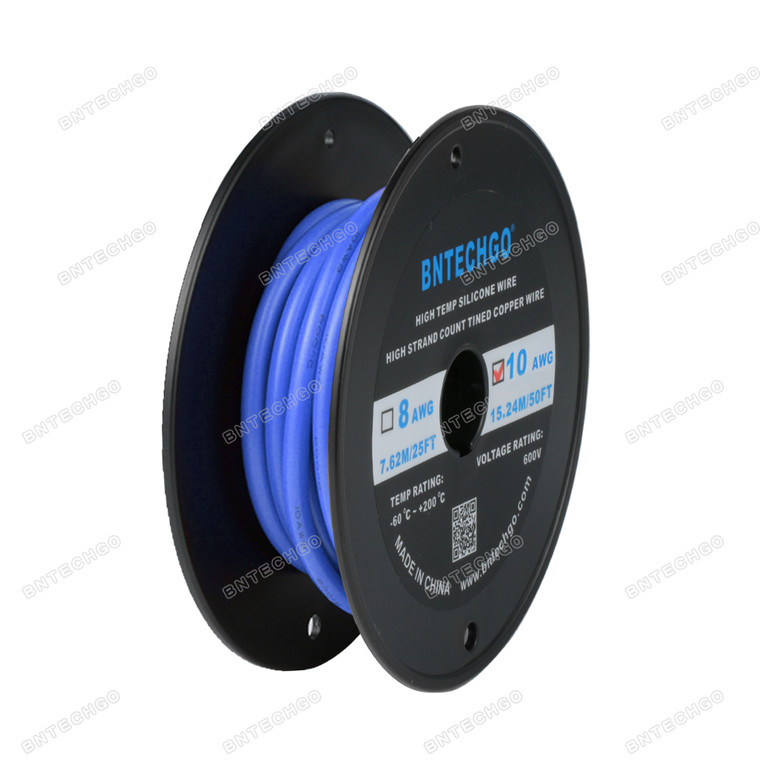 BNTECHGO 10 Gauge Silicone Wire Spool Blue 50 feet Ultra Flexible High Temp 200 deg C 600V 10AWG Silicone Rubber Wire 1050 Strands of Tinned Copper Wire Stranded Wire for Model Battery Low Impedance