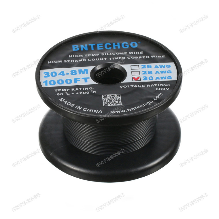 BNTECHGO 30 AWG Silicone Wire Spool Black 1000 feet Ultra Flexible High Temp 200 deg C 600V 30 Gauge Silicone Rubber Wire 11 Strands of Tinned Copper Wire Stranded Wire for Model Battery Low Impedance