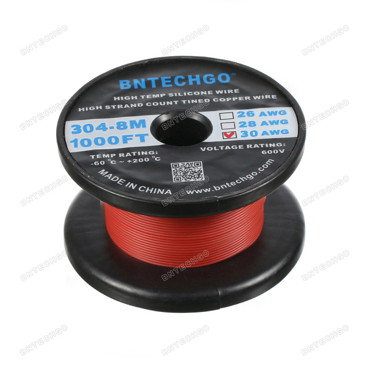 BNTECHGO 30 AWG Silicone Wire Spool Red 1000 feet Ultra Flexible High Temp 200 deg C 600V 30 Gauge Silicone Rubber Wire 11 Strands of Tinned Copper Wire Stranded Wire for Model Battery Low Impedance