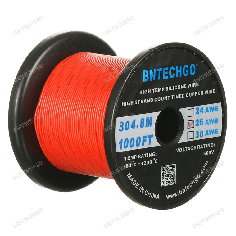 BNTECHGO 26 Gauge Silicone Wire Spool, Red, 1000 feet, Ultra Flexible, High Temp 200°C, 600V, 26 AWG Silicone Rubber Wire with 30 Strands of Tinned Copper Wire, Stranded Wire for Model Battery
