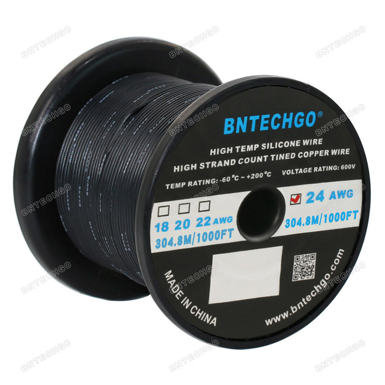 BNTECHGO 24 Gauge Silicone Wire Spool Black 1000 feet Ultra Flexible High Temp 200 deg C 600V 24AWG Silicone Rubber Wire 40 Strands of Tinned Copper Wire Stranded Wire for Model Low Impedance