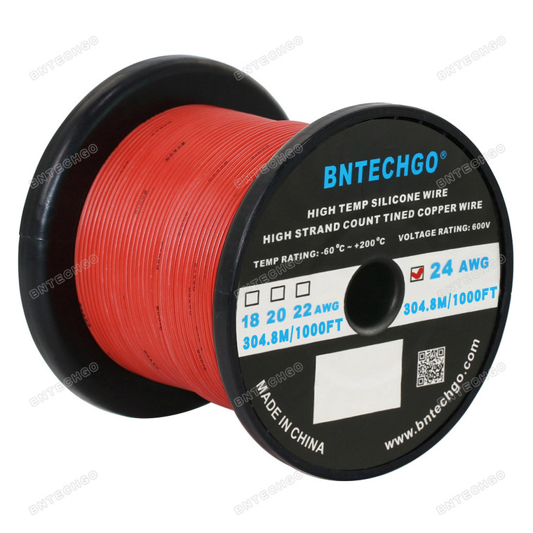 BNTECHGO 24 Gauge Silicone Wire Spool Red 1000 feet Ultra Flexible High Temp 200 deg C 600V 24AWG Silicone Rubber Wire 40 Strands of Tinned Copper Wire Stranded Wire for Model Low Impedance