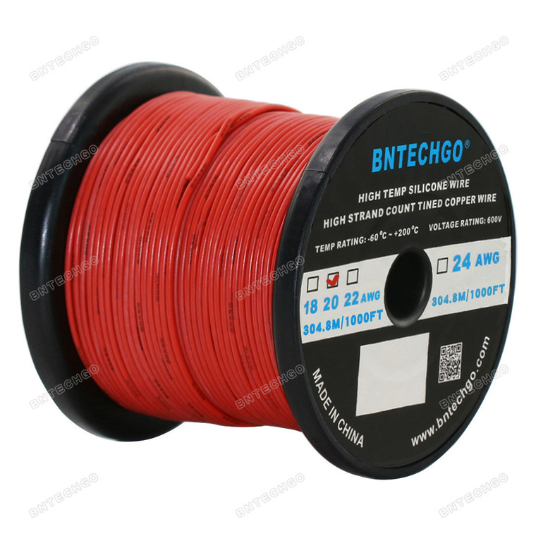 BNTECHGO 20 Gauge Silicone Wire Spool Red 1000 feet Ultra Flexible High Temp 200 deg C 600V 20AWG Silicone Rubber Wire 100 Strands of Tinned Copper Wire Stranded Wire for Model Battery Low Impedance