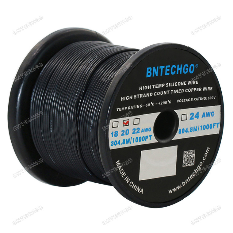 BNTECHGO 20 Gauge Silicone Wire Spool Black 1000 feet Ultra Flexible High Temp 200 deg C 600V 20AWG Silicone Rubber Wire 100 Strands of Tinned Copper Wire Stranded Wire for Model Battery Low Impedance