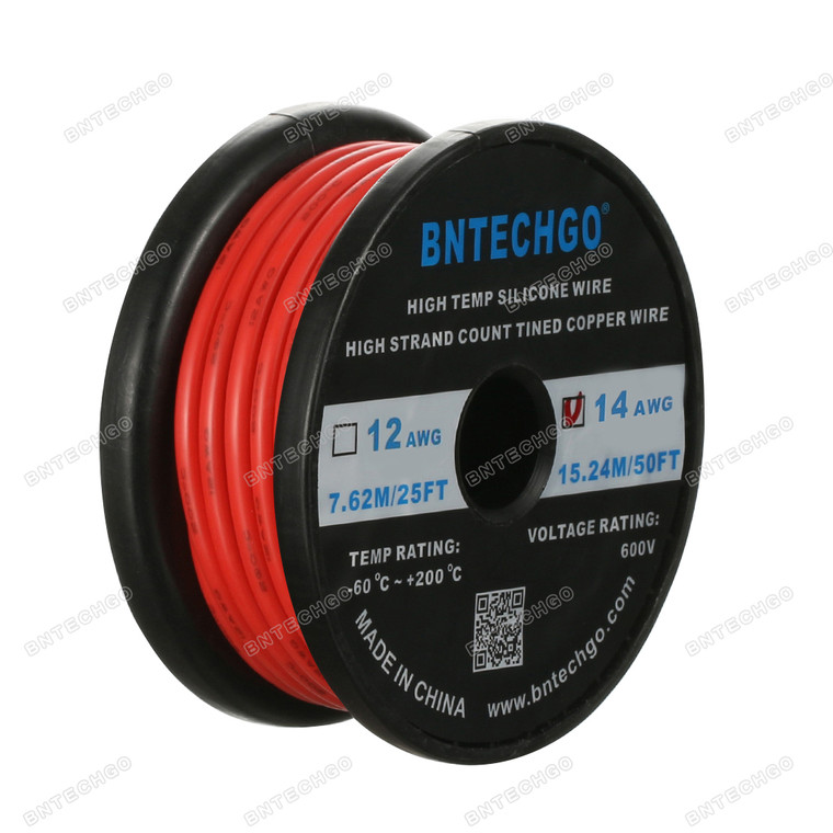 BNTECHGO 14 Gauge Silicone Wire Spool Red 50 feet Ultra Flexible High Temp 200 deg C 600V 14AWG Silicone Rubber Wire 400 Strands of Tinned Copper Wire Stranded Wire for Model Battery Low Impedance