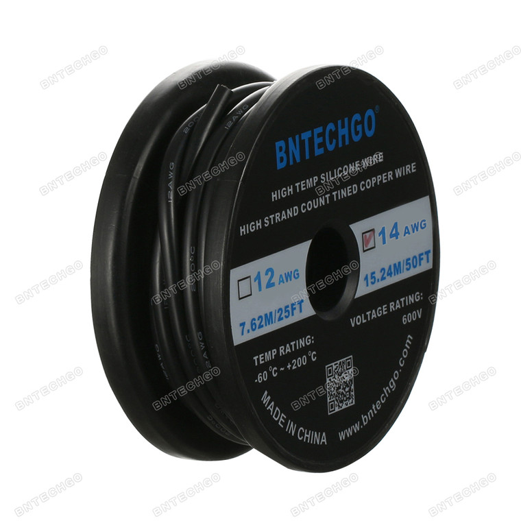 BNTECHGO 14 Gauge Silicone Wire Spool Black 50 feet Ultra Flexible High Temp 200 deg C 600V 14AWG Silicone Rubber Wire 400 Strands of Tinned Copper Wire Stranded Wire for Model Battery Low Impedance