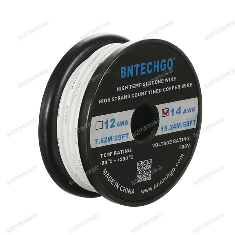 BNTECHGO 14 Gauge Silicone Wire Spool White 50 feet Ultra Flexible High Temp 200 deg C 600V 14AWG Silicone Rubber Wire 400 Strands of Tinned Copper Wire Stranded Wire for Model Battery Low Impedance