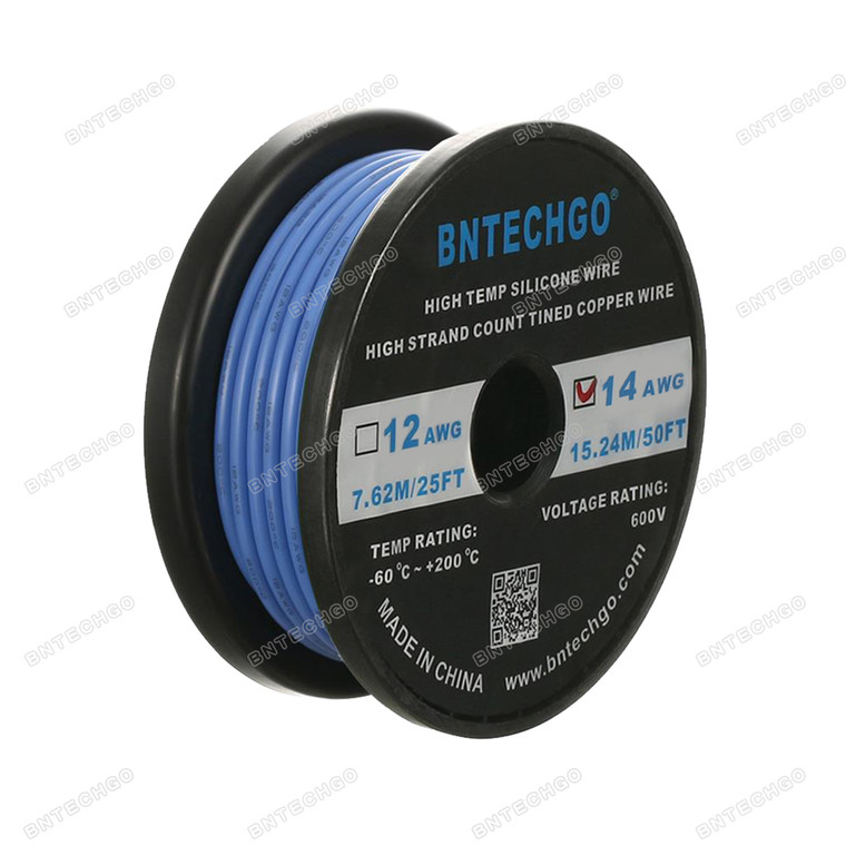 BNTECHGO 14 Gauge Silicone Wire Spool Blue 50 feet Ultra Flexible High Temp 200 deg C 600V 14AWG Silicone Rubber Wire 400 Strands of Tinned Copper Wire Stranded Wire for Model Battery Low Impedance