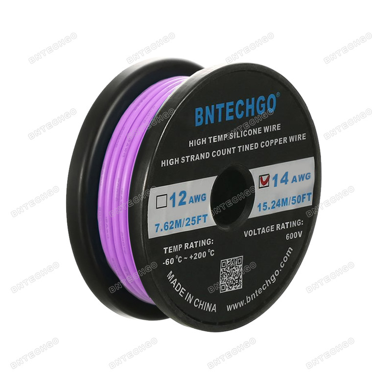 BNTECHGO 14 Gauge Silicone Wire Spool Purple 50 feet Ultra Flexible High Temp 200 deg C 600V 14AWG Silicone Rubber Wire 400 Strands of Tinned Copper Wire Stranded Wire for Model Battery Low Impedance