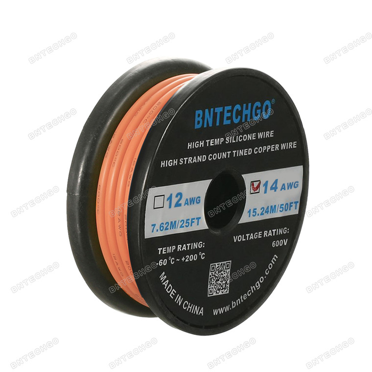 BNTECHGO 14 Gauge Silicone Wire Spool, Orange, 50 feet, Ultra Flexible, High Temp 200°C, 600V, 14 AWG Silicone Rubber Wire with 400 Strands of Tinned Copper Wire, Stranded Wire for Model Battery