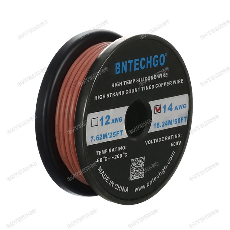 BNTECHGO 14 Gauge Silicone Wire Spool Brown 50 feet Ultra Flexible High Temp 200 deg C 600V 14AWG Silicone Rubber Wire 400 Strands of Tinned Copper Wire Stranded Wire for Model Battery Low Impedance
