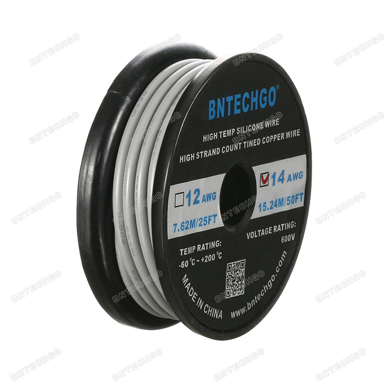 BNTECHGO 14 Gauge Silicone Wire Spool Gray 50 feet Ultra Flexible High Temp 200 deg C 600V 14AWG Silicone Rubber Wire 400 Strands of Tinned Copper Wire Stranded Wire for Model Battery Low Impedance