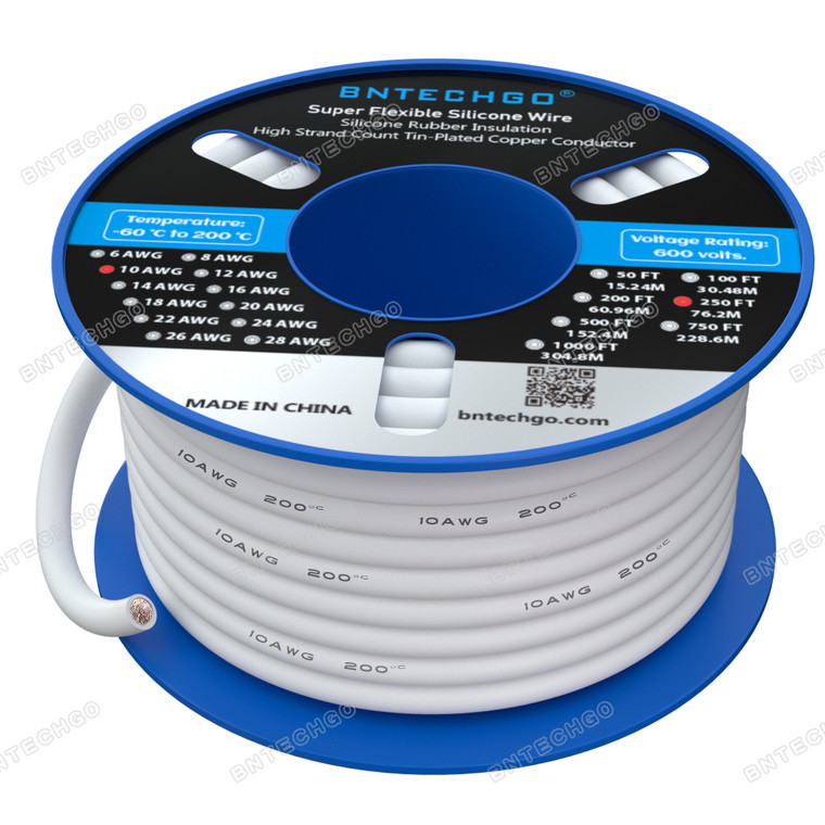 BNTECHGO 10 Gauge Silicone Wire Spool, White, 250 feet, Ultra Flexible, High Temp 200°C, 600V, 10 AWG Silicone Rubber Wire with 1050 Strands of Tinned Copper Wire, Stranded Wire for Model Battery