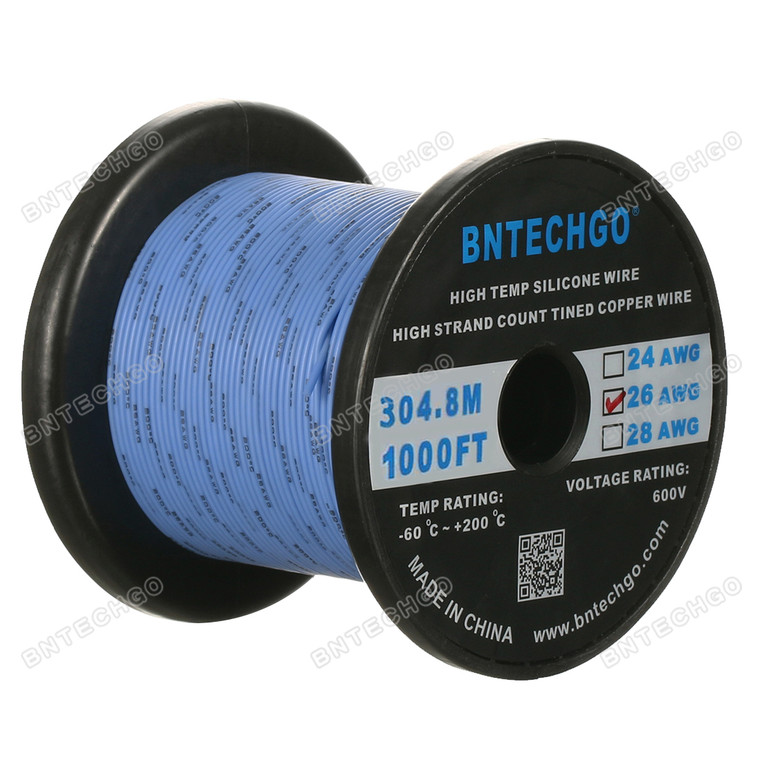 BNTECHGO 26 Gauge Silicone Wire Spool, Blue, 1000 feet, Ultra Flexible, High Temp 200°C, 600V, 26 AWG Silicone Rubber Wire with 30 Strands of Tinned Copper Wire, Stranded Wire for Model Battery