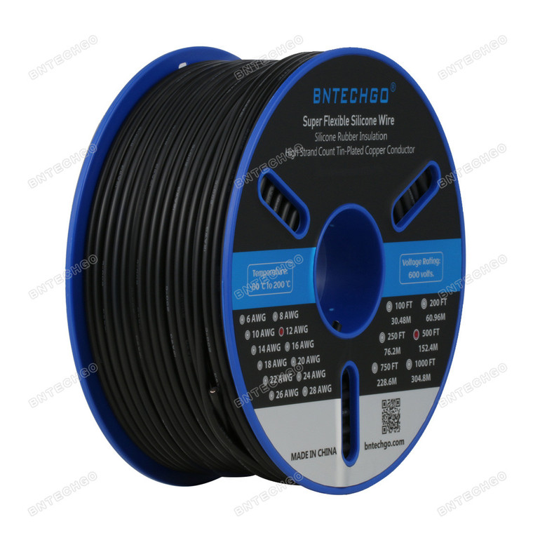 BNTECHGO 12 Gauge Silicone Wire Spool Black 500 feet Ultra Flexible High Temp 200 deg C 600V 12AWG Silicone Rubber Wire 680 Strands of Tinned Copper Wire Stranded Wire for Model Battery Low Impedance