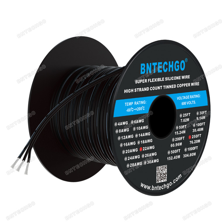BNTECHGO 22 Gauge Silicone Ribbon Cable Copper Wire 3P Black 
