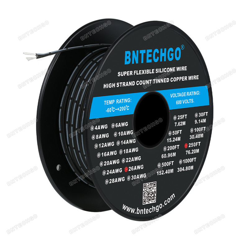 BNTECHGO 26 Gauge Silicone Ribbon Cable Copper Wire 2P Black 