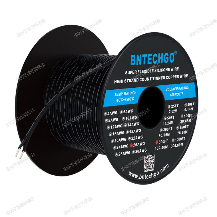 BNTECHGO 26 Gauge Silicone Ribbon Cable Copper Wire 2P Black 