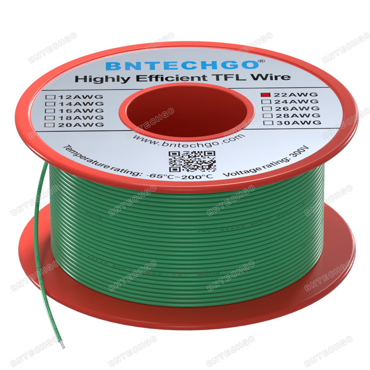 BNTECHGO 22AWG FEP Teflon Coated Tin-Plated Copper Wire in Green 50 ft