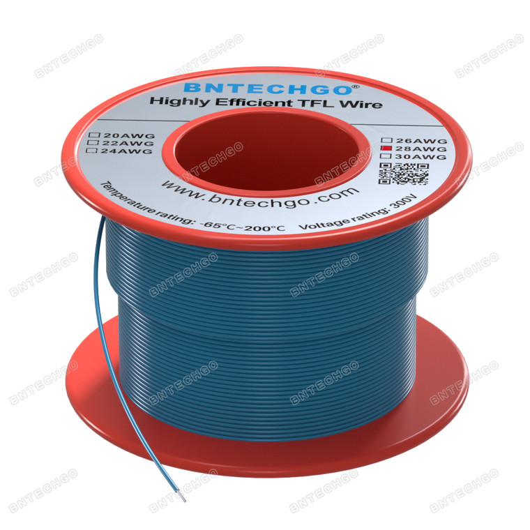 BNTECHGO 28AWG FEP Teflon Coated Tin-Plated Copper Wire in Blue 50 ft