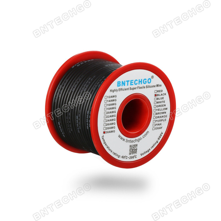 BNTECHGO 32AWG Silicone Wire  Black, 100 ft (31 m), Ultra Flexible, High Temp 200°C, 600V, 11 Strands Tinned Copper, Stranded Wire for Model Battery