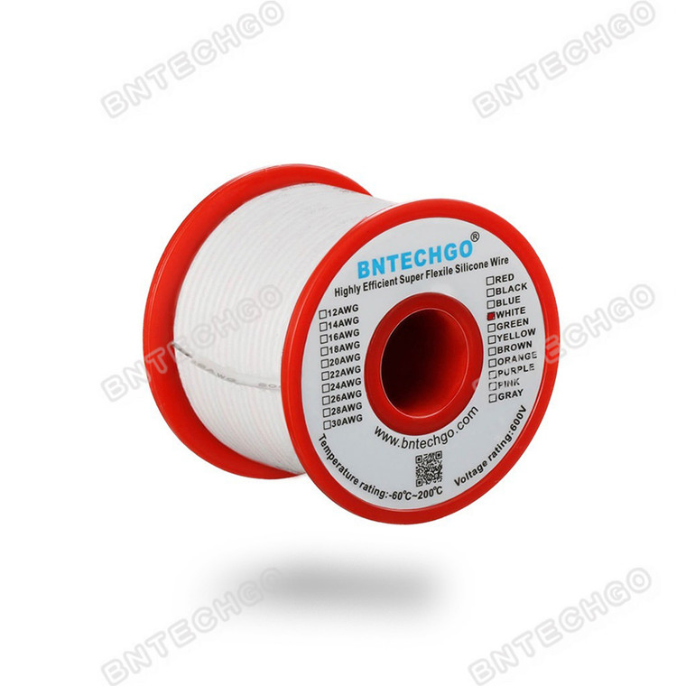 BNTECHGO 32AWG Silicone Wire White, 100 ft (31 m), Ultra Flexible, High Temp 200°C, 600V, 11 Strands Tinned Copper, Stranded Wire for Model Battery