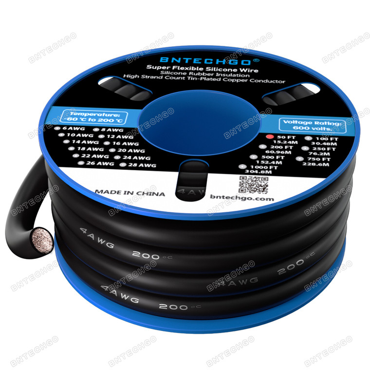 BNTECHGO 4 Gauge Silicone Wire Spool, Black, 50 feet, Ultra Flexible, High Temp 200°C, 600V, 4 AWG Silicone Rubber Wire with 5000 Strands of Tinned Copper Wire, Stranded Wire for Model Battery