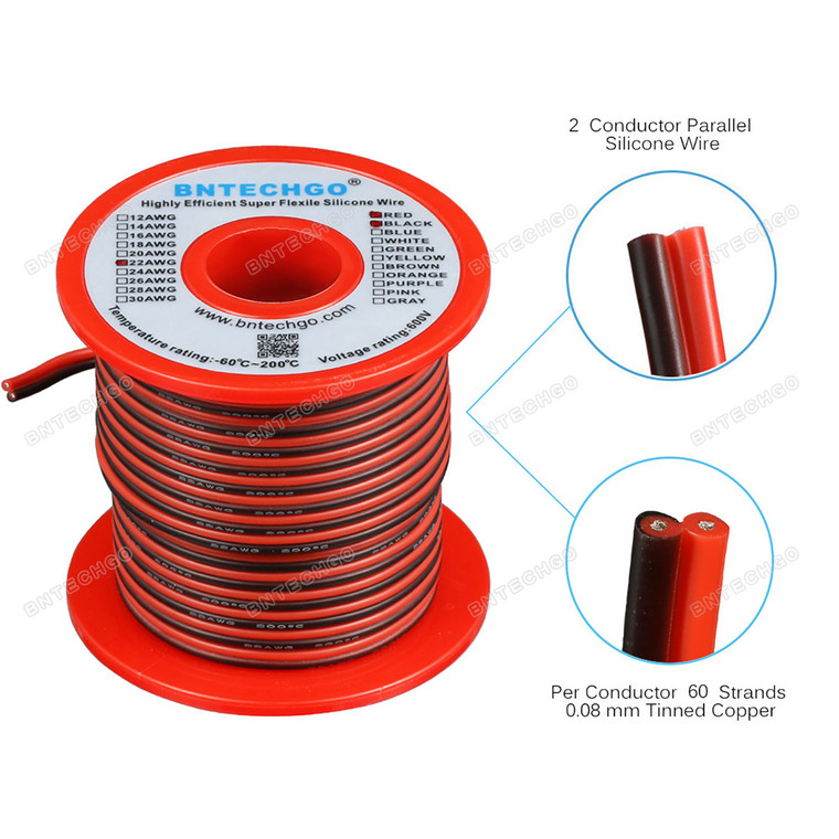 22 Gauge Flexible 2 Conductor Parallel Silicone Wire Spool Red Black