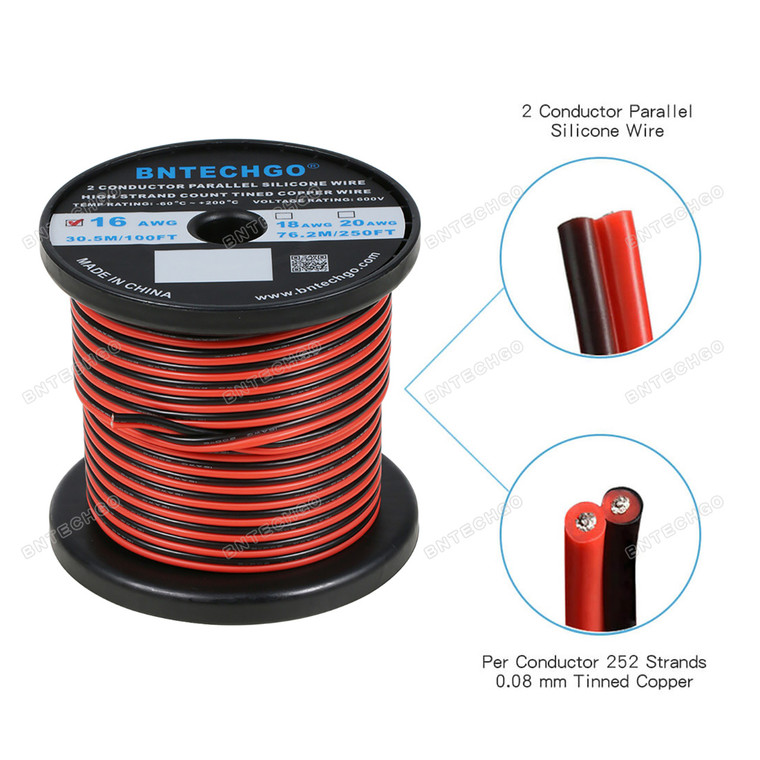 16 Gauge Flexible 2 Conductor Parallel Silicone Wire Spool Red Black