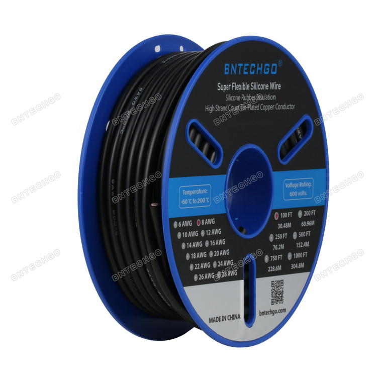 8 Gauge Silicone Wire Spool Black 100 feet Ultra Flexible High Temp 200 deg C