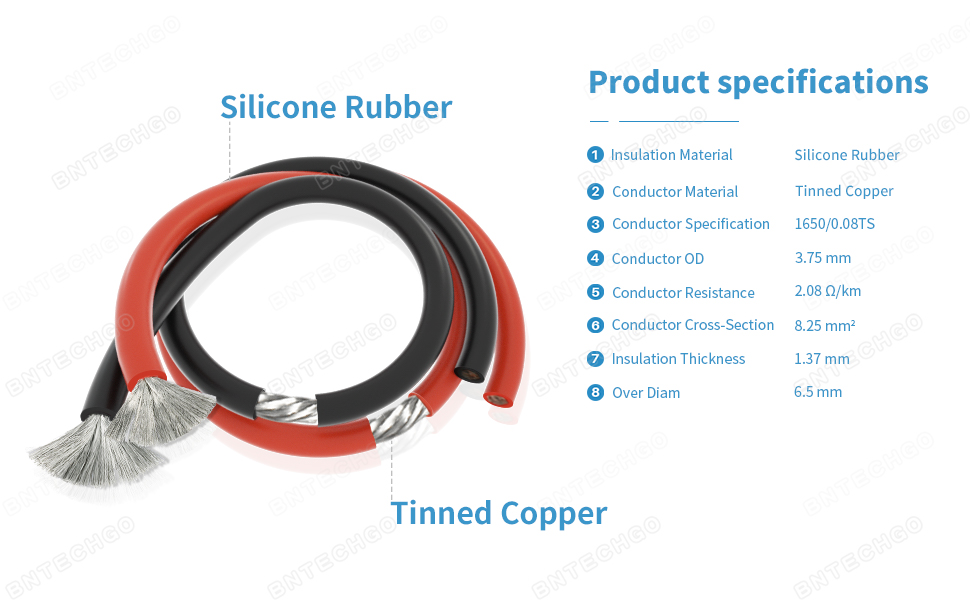  8 Gauge 8 AWG 10 Feet Red + 10 Feet Black Welding Battery Pure  Copper Flexible Cable + 10pcs of 3/8 Tinned Copper Cable Lug Terminal  Connectors + 3 Feet Black