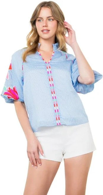 Embroidered  Puff Sleeve Striped Top