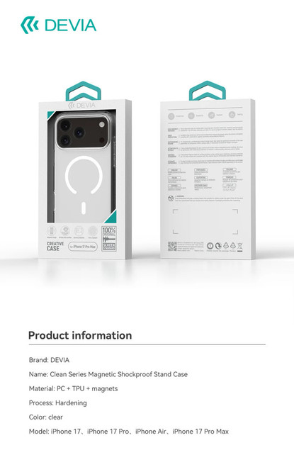 DEVIA iPhone 17 Clear Series magnetic shockproof case packaging