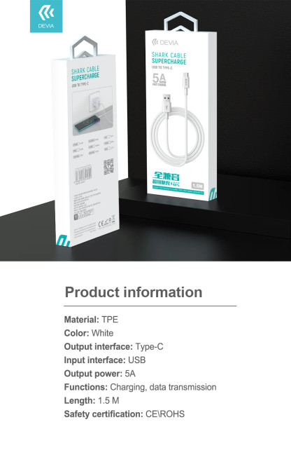 DEVIA Shark Series Type-C cable retail packaging showing branding and product details