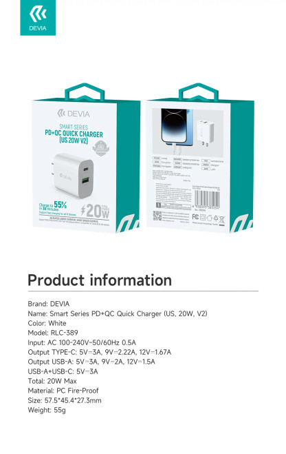 DEVIA Smart Series charger retail packaging showing product and specifications