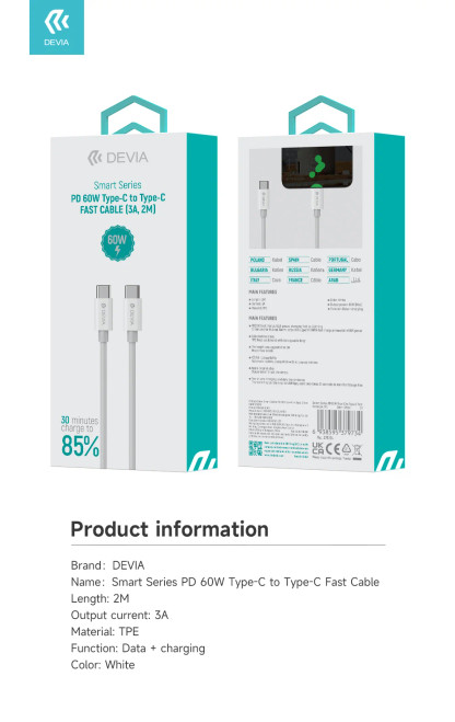 DEVIA Smart Series Type-C cable retail packaging displaying branding, specifications, and neatly packed cable