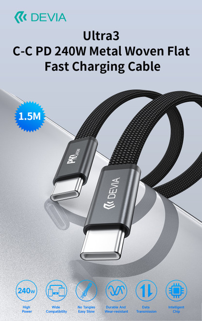 DEVIA Ultra3 USB-C to USB-C 1.5M cable with braided flat design and aluminum connectors