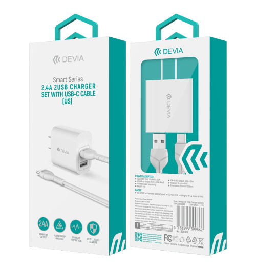 DEVIA Smart Series charger set retail packaging with cable and adapter included