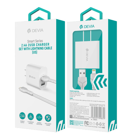 DEVIA Smart Series charger set retail packaging with adapter and Lightning cable included