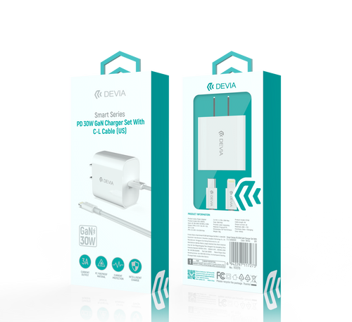 DEVIA Smart Series charger set retail packaging with adapter and cable included