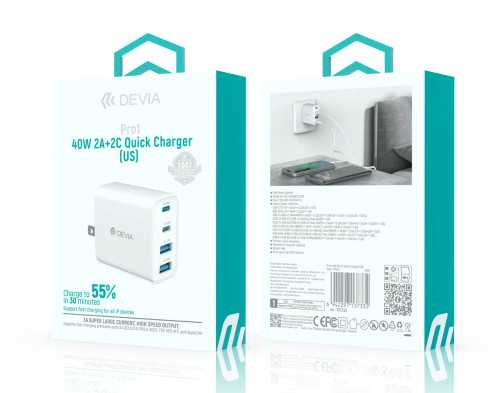 DEVIA Pro1 charger retail packaging showing product details and specifications
