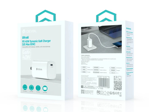 DEVIA 60W charger retail packaging showing product and specifications