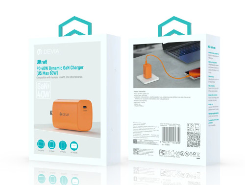 DEVIA 60W GaN USB-C power adapter compact fast charging wall charger US plug