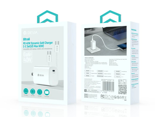 DEVIA 60W charger set retail packaging with adapter and USB-C cable included