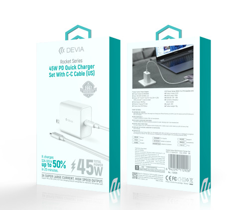 DEVIA Rocket Series charger set retail packaging with adapter and cable included