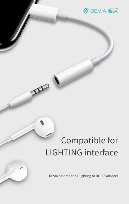Lightning to AUX adapter connected to iPhone and headphones for music playback