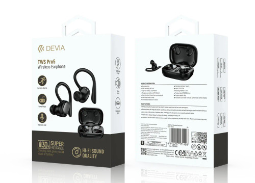 DEVIA TWS Pro5 packaging with product specifications
